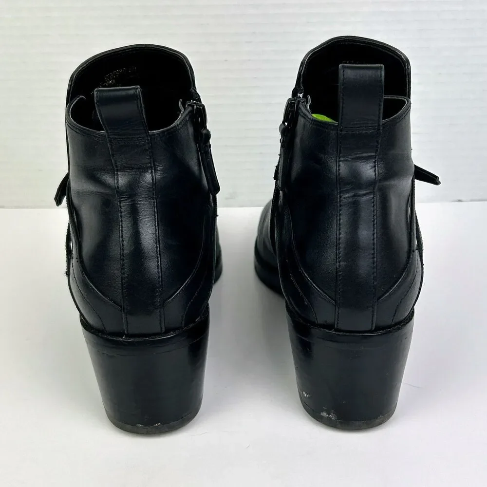 Cole Haan Etta Black Ankle Booties Low Heel Buckle Boots Classic Leather Shoes 8